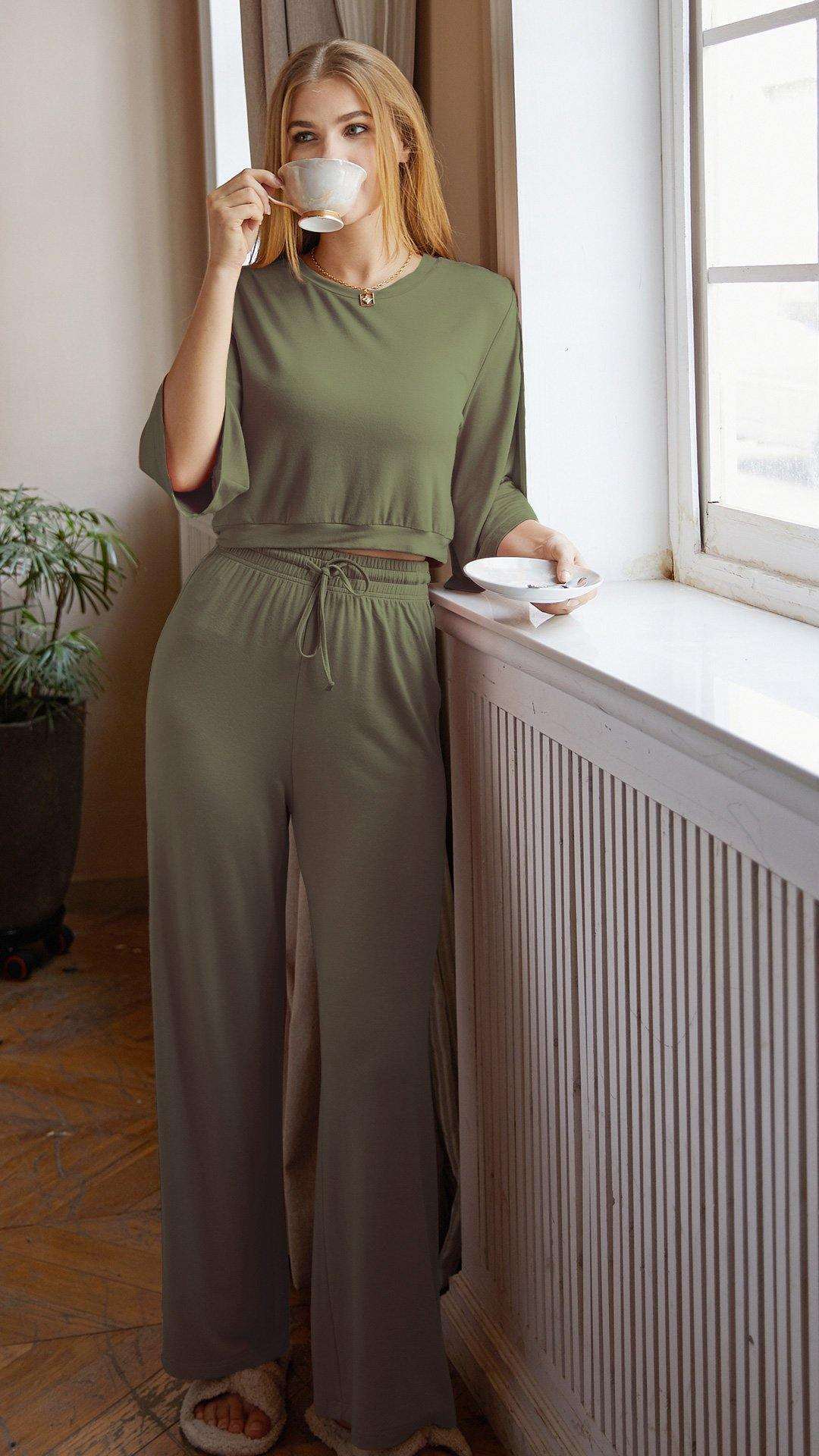 Women's loungewear set - Crop Top, Wide Leg Pants <br>- Green