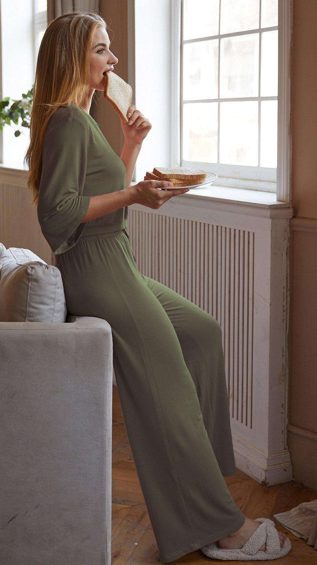Women's loungewear set - Crop Top, Wide Leg Pants <br>- Green