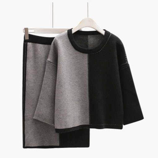 Flat Knit 2 piece set - Top and Skirt <br>- Grey and Black